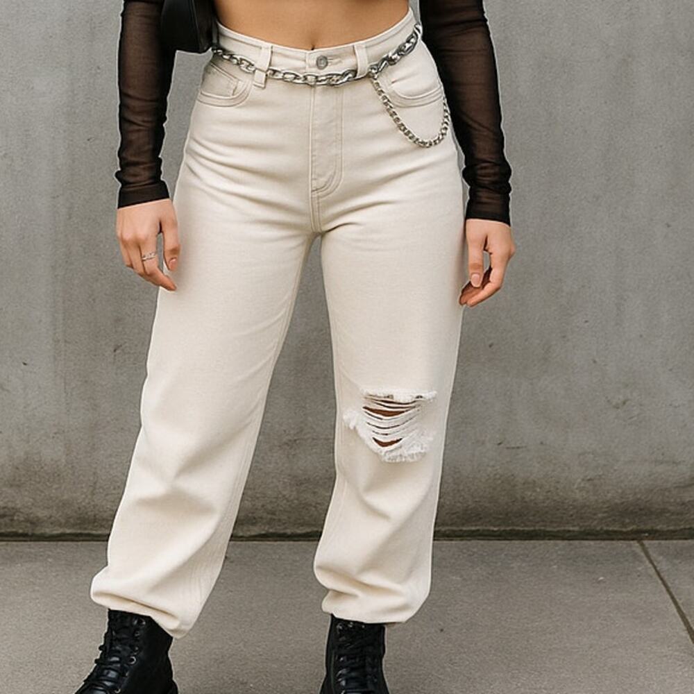 New‎ 1 Fashion Nova Beige Patch Jeans Straight Mom Destructed Denim Retro